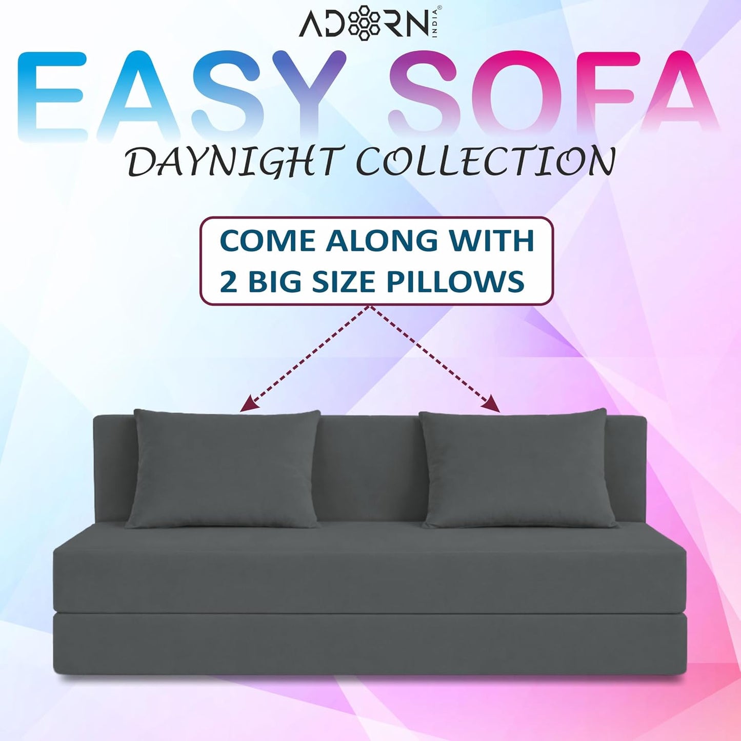 Adorn India Easy 3 Seater Sofa Cum Bed | Velvet Fabric | Dark Grey | Plain Design | 6x5 Ft | Comfortable Seating | Washable Cover | Perfect for Home & Office