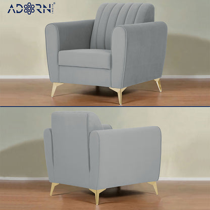Adorn India Premium Luster 3+2+1 Sofa Set | Velvet Suede Fabric | 3-Year Warranty | Color Grey with Golden Legs & Striped Pattern Cushion
