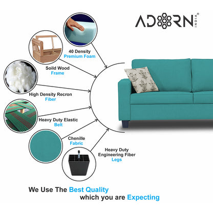 Adorn India Camden 3 Seater Sofa (Aqua Blue) (3 Year Warranty)