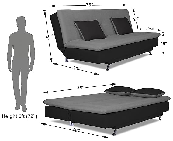 Adorn India Aspen 3 Seater Sofa Cum Bed (Medium Grey & Black) (3 Year Warranty)