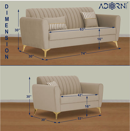 Adorn India Premium Luster 3-2 Sofa Set | Velvet Suede Fabric | 3-Year Warranty | Color Beige with Golden Legs & Striped Pattern Cushion