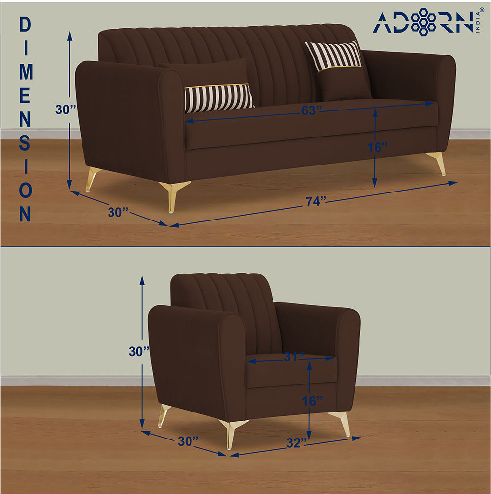 Adorn India Premium Luster 3-1-1 Sofa Set | Velvet Suede Fabric | 3-Year Warranty | Color Brown with Golden Legs & Striped Pattern Cushion