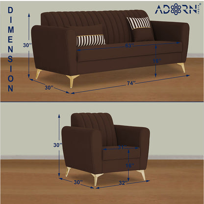 Adorn India Premium Luster 3-1-1 Sofa Set | Velvet Suede Fabric | 3-Year Warranty | Color Brown with Golden Legs & Striped Pattern Cushion