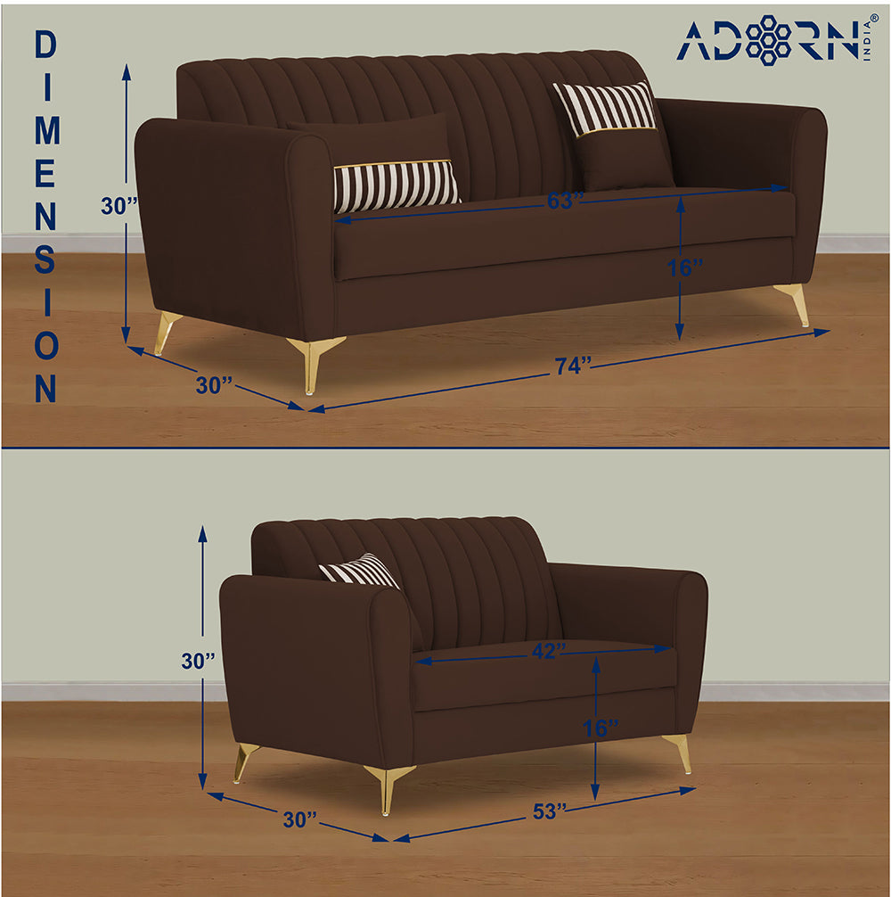 Adorn India Premium Luster 3-2 Sofa Set | Velvet Suede Fabric | 3-Year Warranty | Color Brown with Golden Legs & Striped Pattern Cushion