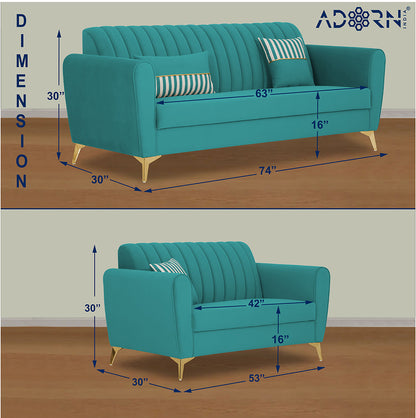 Adorn India Premium Luster 3-2 Sofa Set | Velvet Suede Fabric | 3-Year Warranty | Color Aqua Blue with Golden Legs & Striped Pattern Cushion