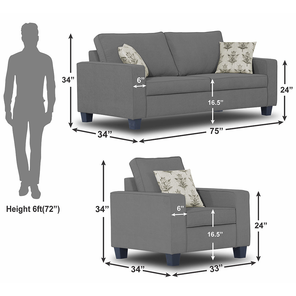 Adorn India Camden 3+1+1 5 Seater Sofa Set (Grey) (3 Year Warranty)