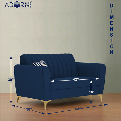 Adorn India Premium Luster 2 Seater | Velvet Suede Fabric | 3-Year Warranty | Color Blue with Golden Legs & Striped Pattern Cushion