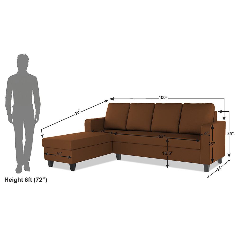 Adorn India Chandler Plain L Shape 6 Seater Sofa Set Lhs (Brown) (3 Year Warranty)