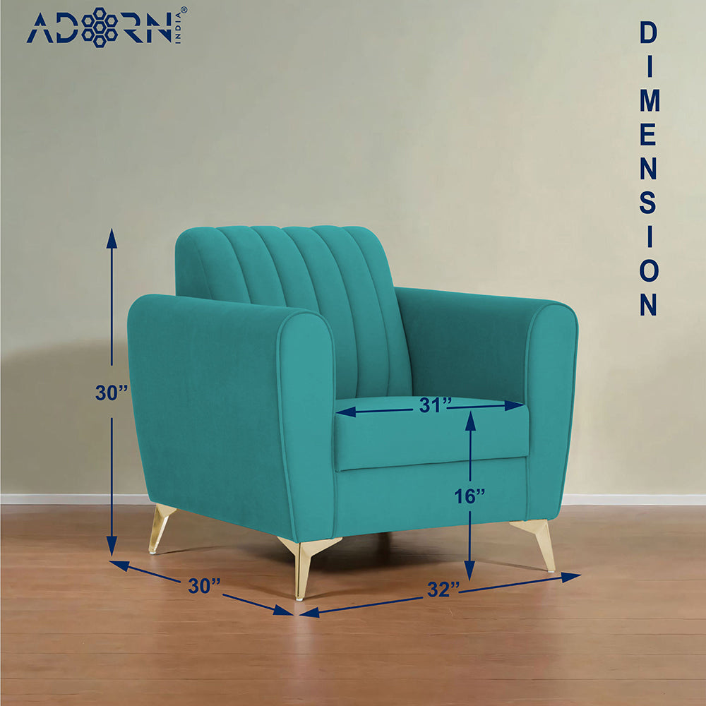 Adorn India Premium Luster 1 Seater | Velvet Suede Fabric | 3-Year Warranty | Color Aqua Blue with Golden Legs & Striped Pattern Cushion