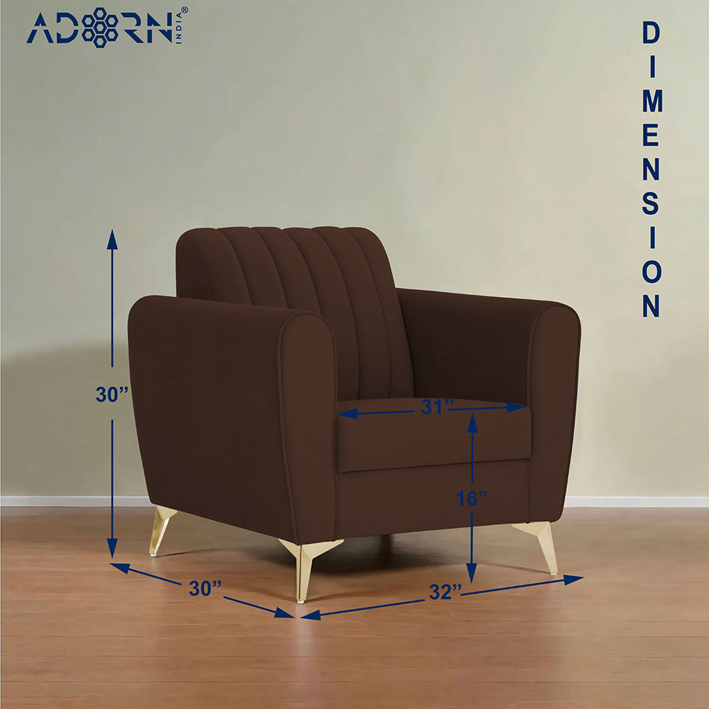 Adorn India Premium Luster 1 Seater | Velvet Suede Fabric | 3-Year Warranty | Color Brown with Golden Legs & Striped Pattern Cushion
