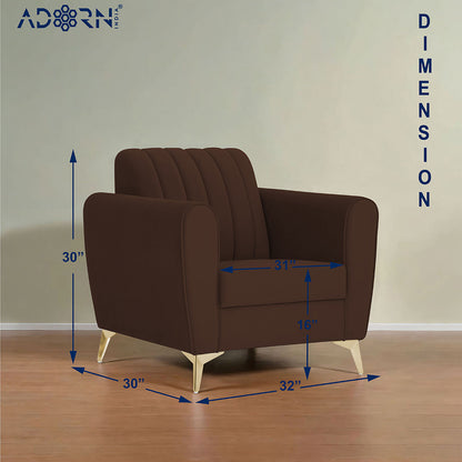 Adorn India Premium Luster 1 Seater | Velvet Suede Fabric | 3-Year Warranty | Color Brown with Golden Legs & Striped Pattern Cushion