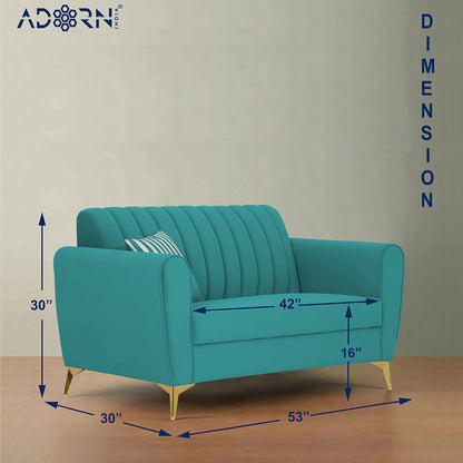 Adorn India Premium Luster 2 Seater | Velvet Suede Fabric | 3-Year Warranty | Color Aqua Blue with Golden Legs & Striped Pattern Cushion