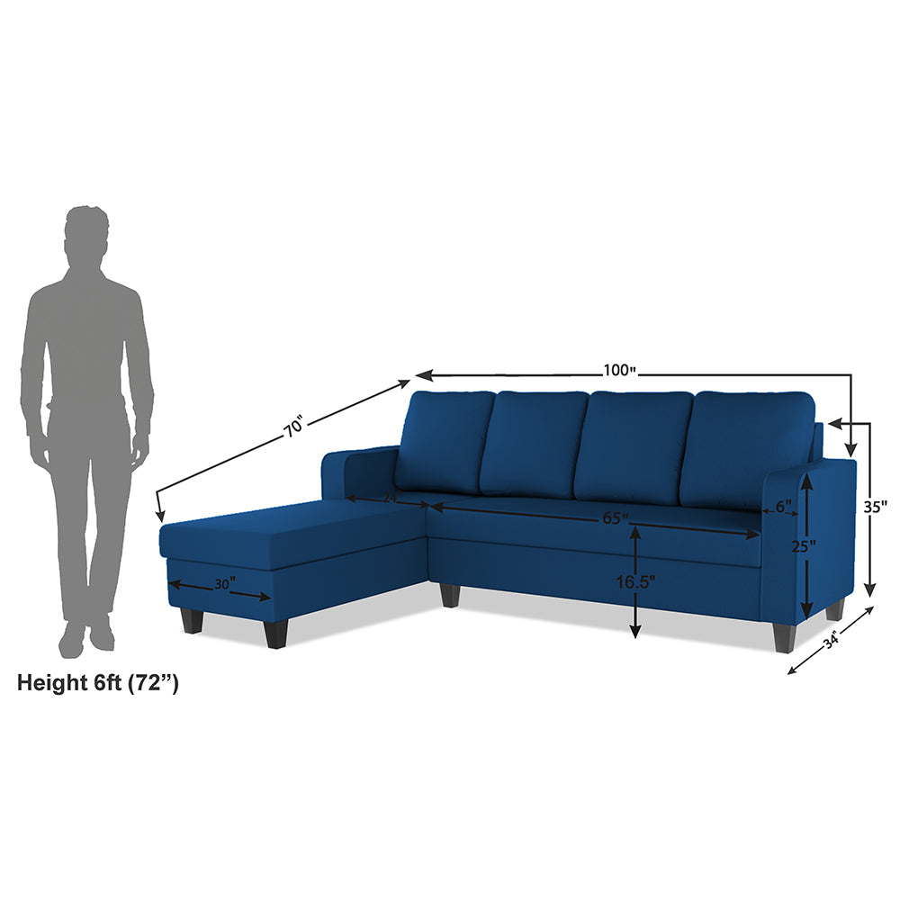 Adorn India Chandler Plain L Shape 6 Seater Sofa Set Lhs (Blue) (3 Year Warranty)