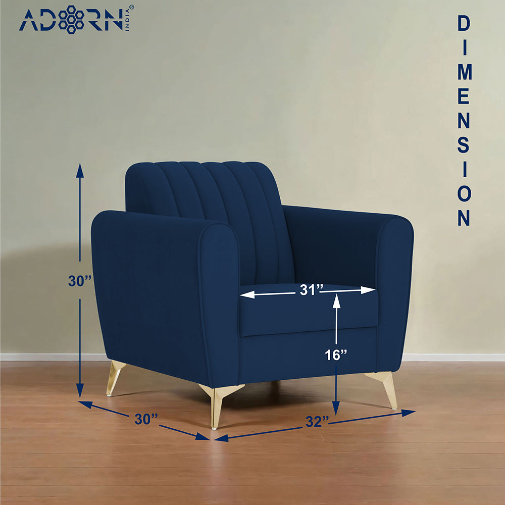 Adorn India Premium Luster 1 Seater | Velvet Suede Fabric | 3-Year Warranty | Color Blue with Golden Legs & Striped Pattern Cushion