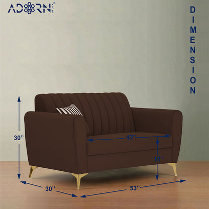 Adorn India Premium Luster 2 Seater | Velvet Suede Fabric | 3-Year Warranty | Color Brown with Golden Legs & Striped Pattern Cushion
