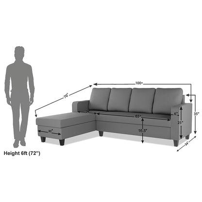 Adorn India Chandler Plain L Shape 6 Seater Sofa Set Lhs (Grey) (3 Year Warranty)