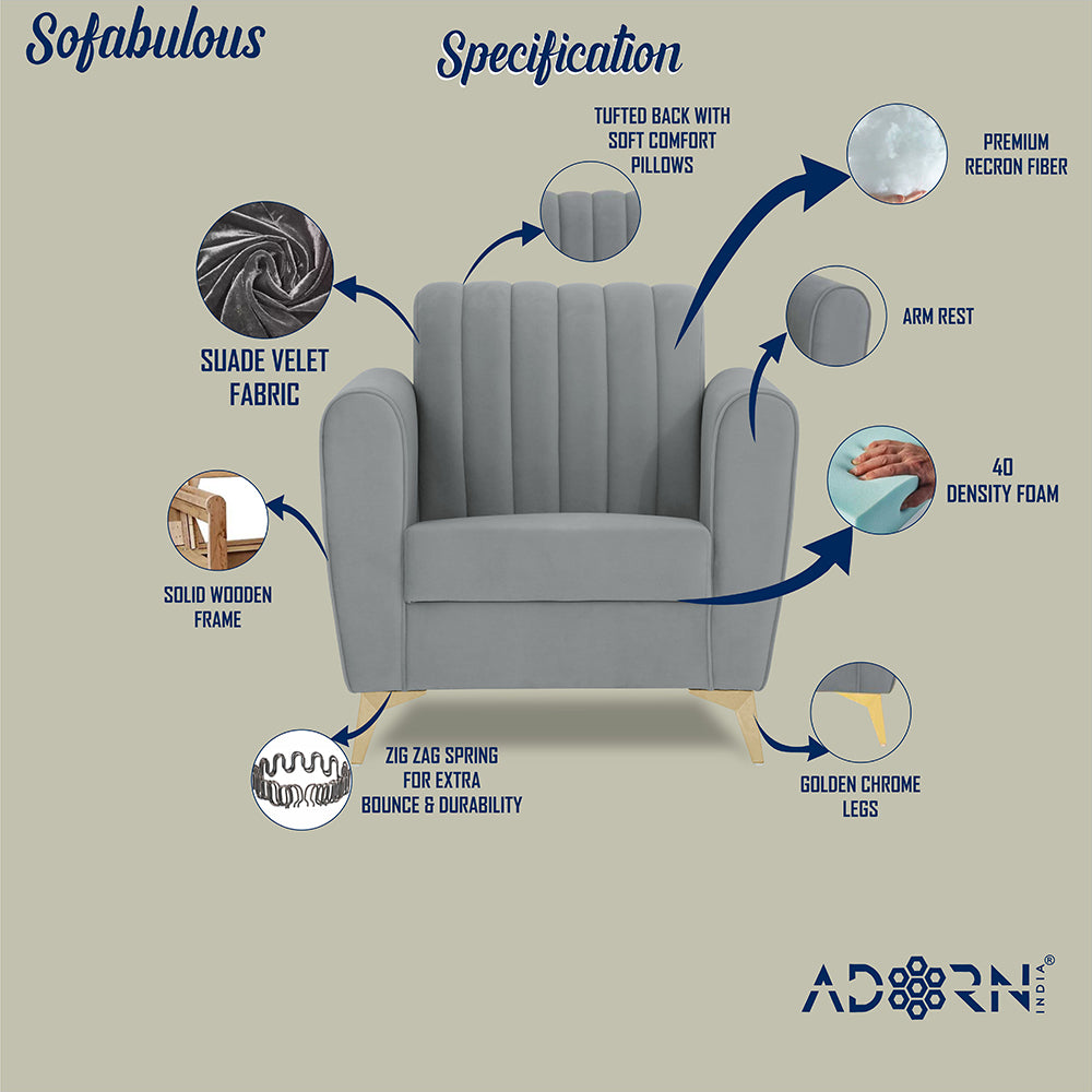 Adorn India Premium Luster 1 Seater | Velvet Suede Fabric | 3-Year Warranty | Color Grey with Golden Legs & Striped Pattern Cushion
