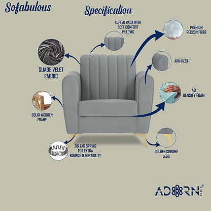 Adorn India Premium Luster 1 Seater | Velvet Suede Fabric | 3-Year Warranty | Color Grey with Golden Legs & Striped Pattern Cushion
