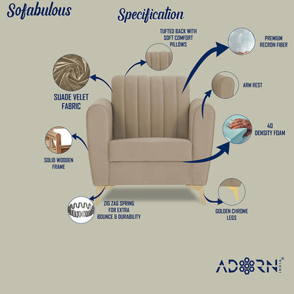 Adorn India Premium Luster 1 Seater | Velvet Suede Fabric | 3-Year Warranty | Color Beige with Golden Legs & Striped Pattern Cushion