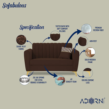 Adorn India Premium Luster 2 Seater | Velvet Suede Fabric | 3-Year Warranty | Color Brown with Golden Legs & Striped Pattern Cushion