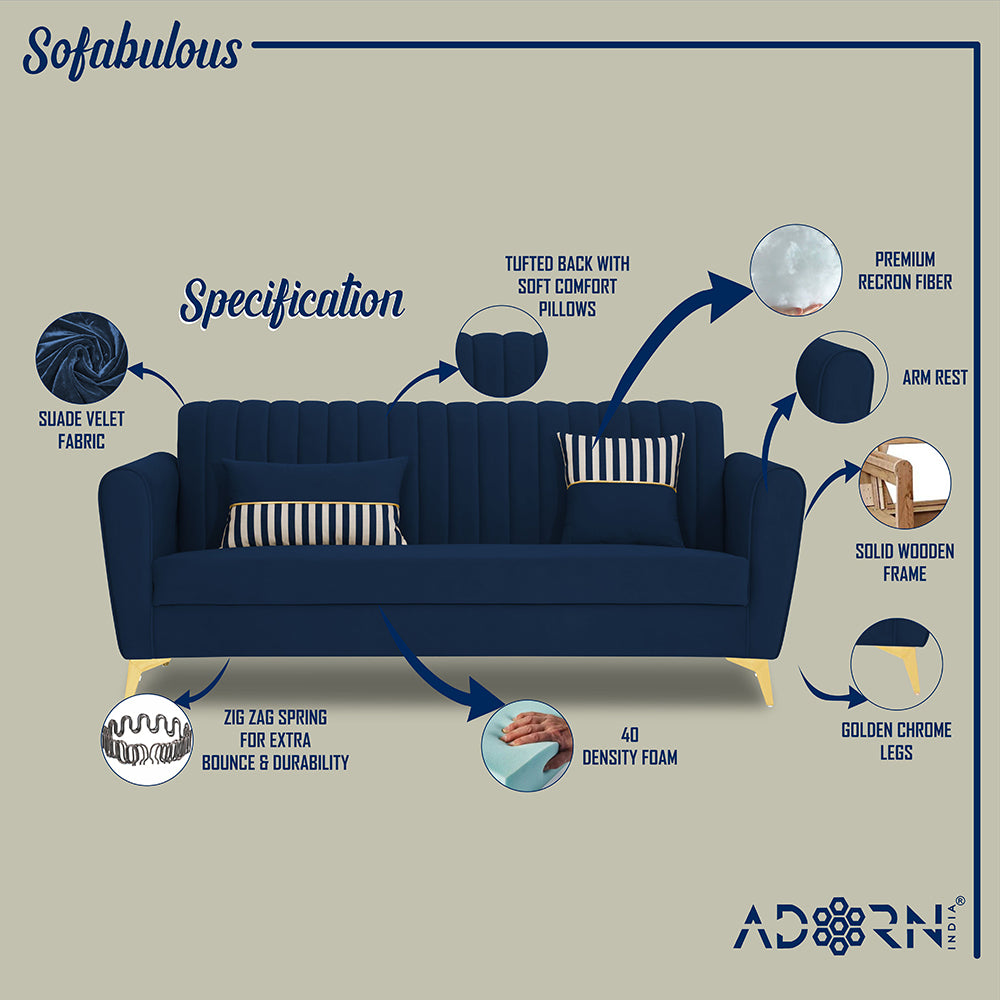 Adorn India Premium Luster 3-1-1 Sofa Set | Velvet Suede Fabric | 3-Year Warranty | Color Blue with Golden Legs & Striped Pattern Cushion