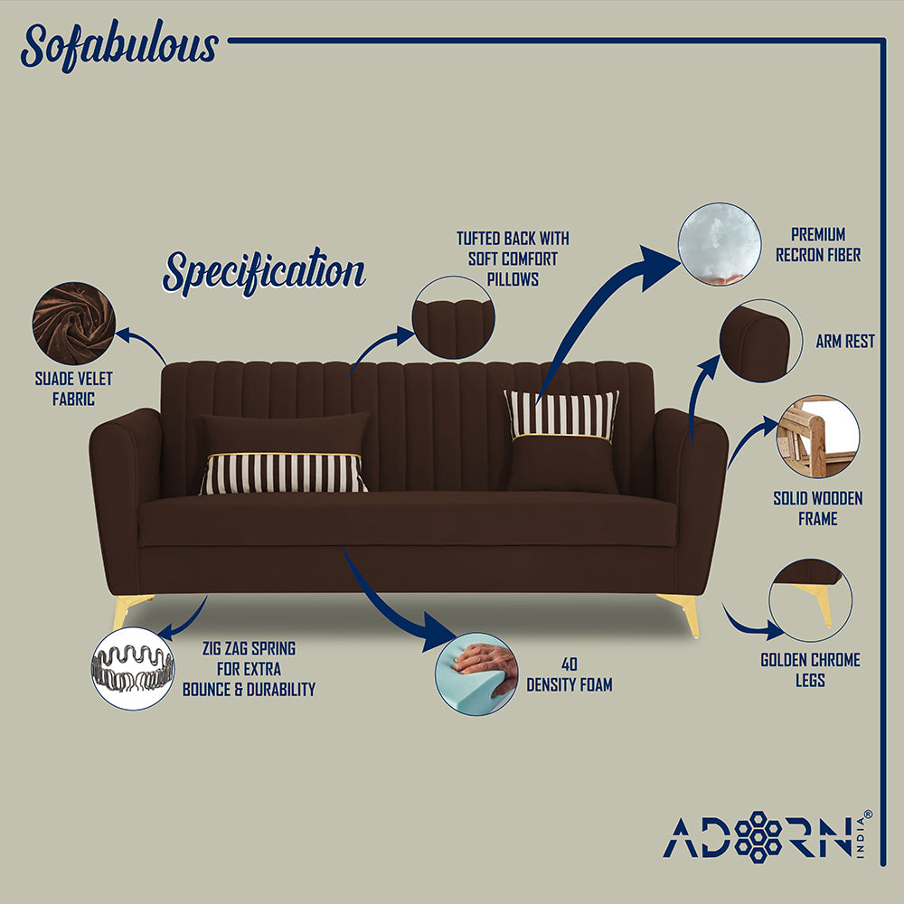 Adorn India Premium Luster 3-2 Sofa Set | Velvet Suede Fabric | 3-Year Warranty | Color Brown with Golden Legs & Striped Pattern Cushion