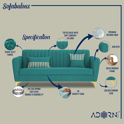 Adorn India Premium Luster 3-1-1 Sofa Set | Velvet Suede Fabric | 3-Year Warranty | Color Aqua Blue with Golden Legs & Striped Pattern Cushion