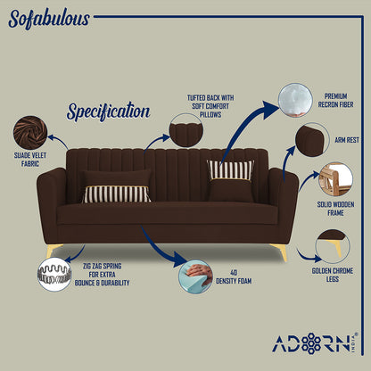 Adorn India Premium Luster 3-2-1 Sofa Set | Velvet Suede Fabric | 3-Year Warranty | Color Brown with Golden Legs & Striped Pattern Cushion