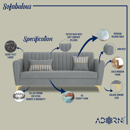 Adorn India Premium Luster 3+1+1 Sofa Set | Velvet Suede Fabric | 3-Year Warranty | Color Grey with Golden Legs & Striped Pattern Cushion