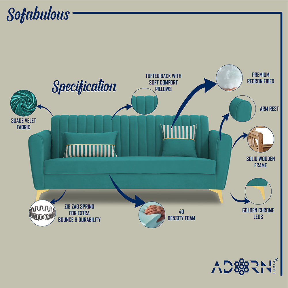 Adorn India Premium Luster 3 Seater | Velvet Suede Fabric | 3-Year Warranty | Color Aqua Blue with Golden Legs & Striped Pattern Cushion