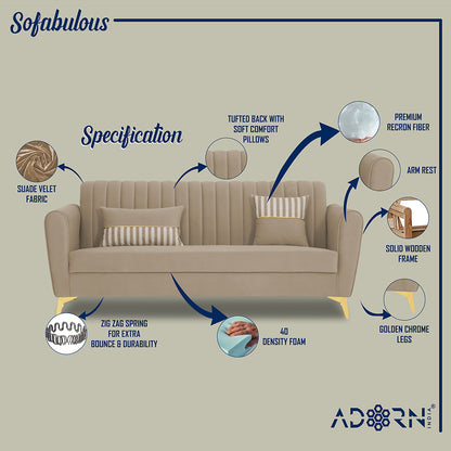 Adorn India Premium Luster 3 Seater | Velvet Suede Fabric | 3-Year Warranty | Color Beige with Golden Legs & Striped Pattern Cushion