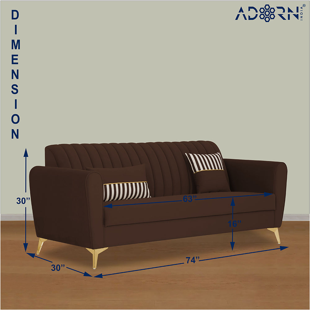 Adorn India Premium Luster 3 Seater | Velvet Suede Fabric | 3-Year Warranty | Color Brown with Golden Legs & Striped Pattern Cushion