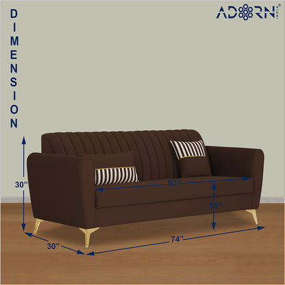 Adorn India Premium Luster 3 Seater | Velvet Suede Fabric | 3-Year Warranty | Color Brown with Golden Legs & Striped Pattern Cushion