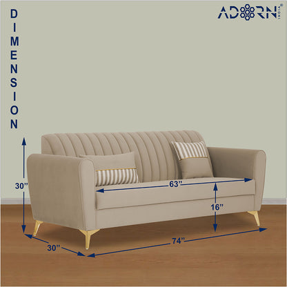 Adorn India Premium Luster 3 Seater | Velvet Suede Fabric | 3-Year Warranty | Color Beige with Golden Legs & Striped Pattern Cushion