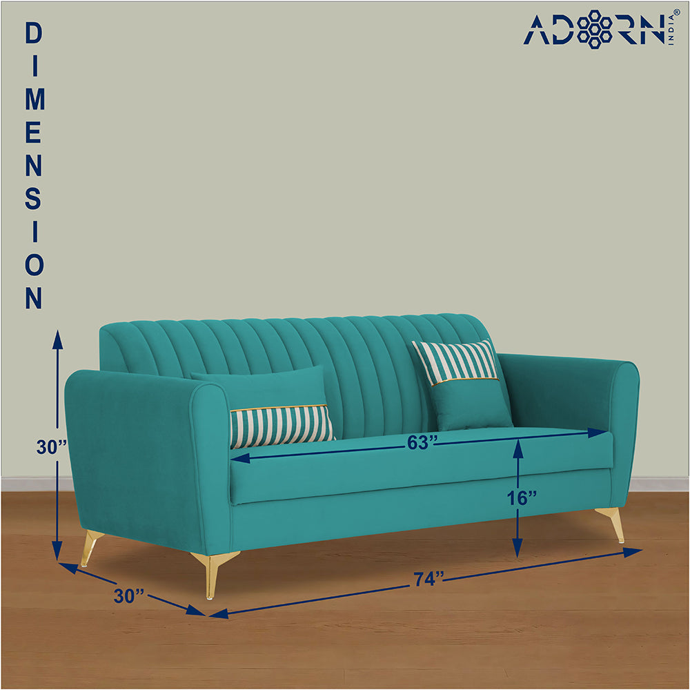 Adorn India Premium Luster 3 Seater | Velvet Suede Fabric | 3-Year Warranty | Color Aqua Blue with Golden Legs & Striped Pattern Cushion