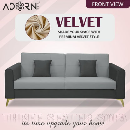Adorn India Premium Harlem 3 Seater Sofa | Velvet Suede Upholstery | 3-Year Warranty | Dark Grey & Grey with Gold Legs & Cushion
