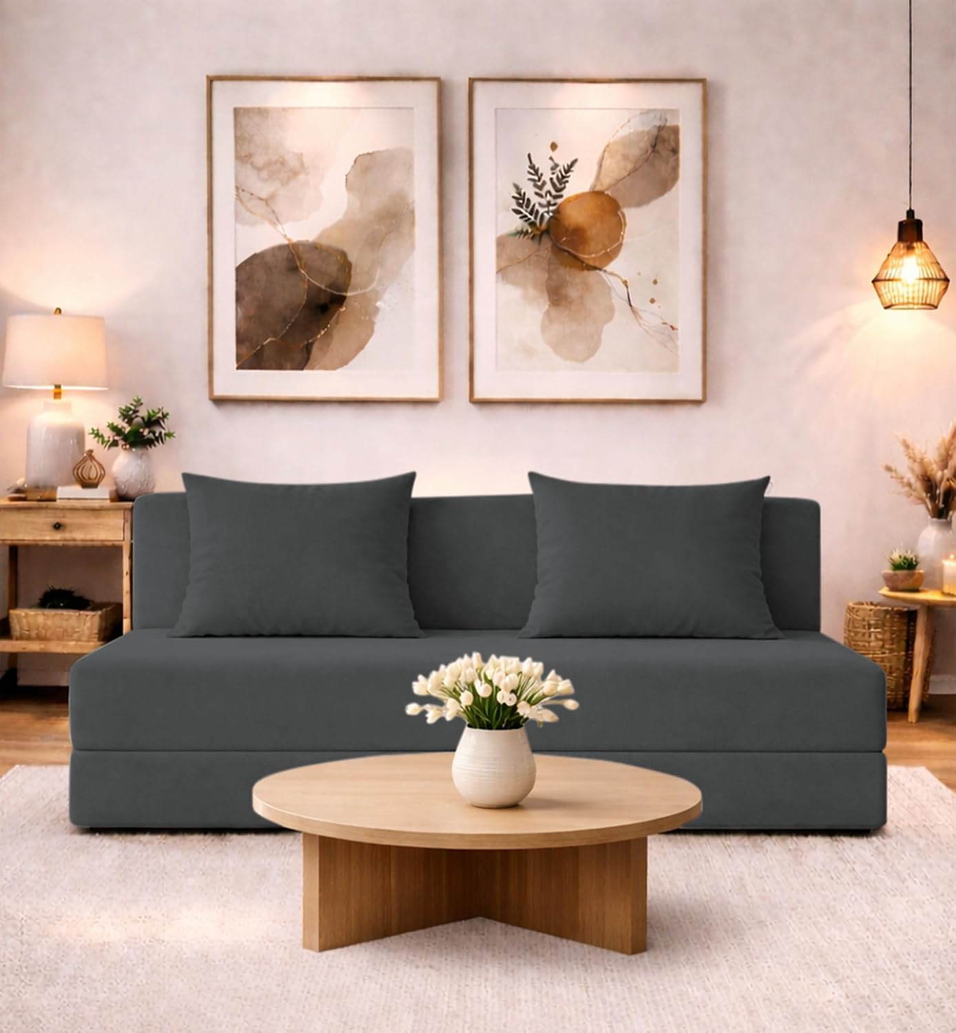 Adorn India Easy 3 Seater Sofa Cum Bed | Velvet Fabric | Dark Grey | Plain Design | 6x5 Ft | Comfortable Seating | Washable Cover | Perfect for Home & Office