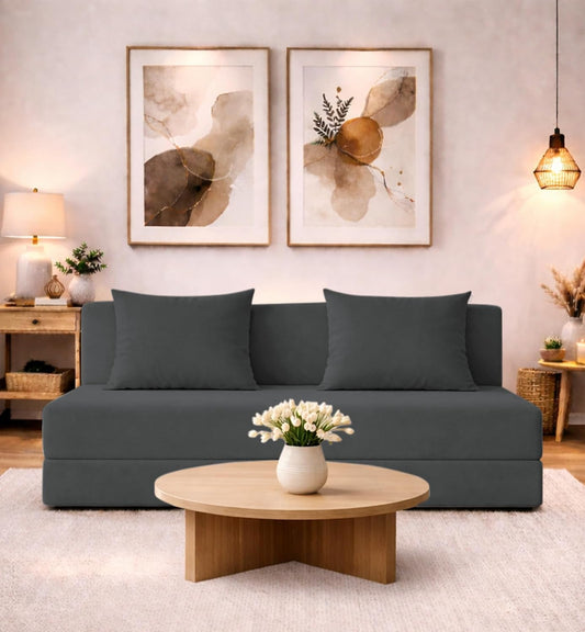 Adorn India Easy 3 Seater Sofa Cum Bed | Velvet Fabric | Dark Grey | Plain Design | 6x5 Ft | Comfortable Seating | Washable Cover | Perfect for Home & Office