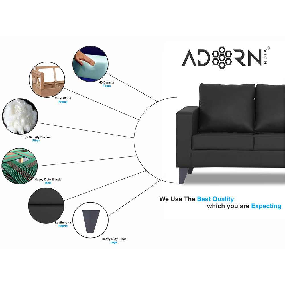 Adorn India Straight line Plus Leatherette 3+2 5 Seater Sofa Set (Black) (3 Year Warranty)