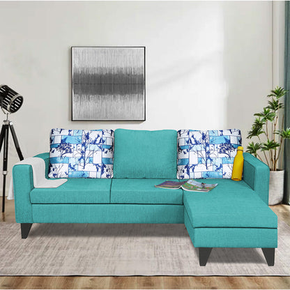 Adorn India Wood Hallton L Shape 4 Seater Sofa Set Digital Print (Aqua Blue) (3 Year Warranty)
