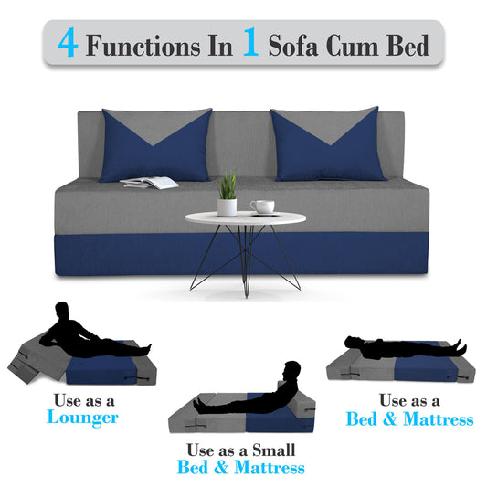 Adorn India Foam Easy Boom 3 Seater Sofa Cum Bed 5 X 6 (Blue & Grey) (1 Year Warranty)