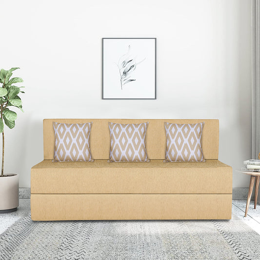 Adorn India Easy 3 Seater Sofa Cum Bed (Rhombus Pattern) Chennile Fabric - Washable Cover - Including 3 Cushion - Size 5' x 6' Ft (Beige Color) Perfect for Home & Office for Guests