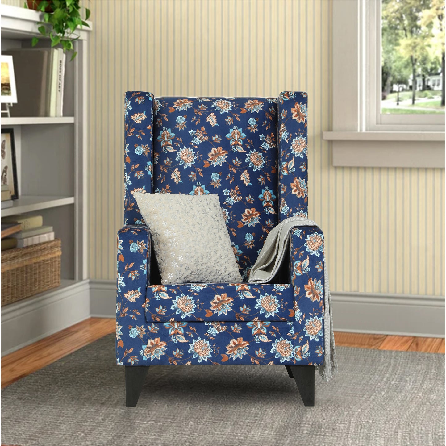 Adorn India Christopher 1 Seater Wing Chair Floral Print (Blue)