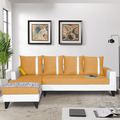 Adorn India Ashley Leatherette Fabric L Shape 6 Seater Sofa Set Stripes (Left Hand Side) (Beige & White) (3 Year Warranty)