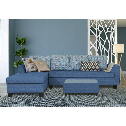 Adorn India Raiden Damask L Shape 6 Seater Sofa Set with Center Table (Left Hand Side) (Blue) (3 Year Warranty)