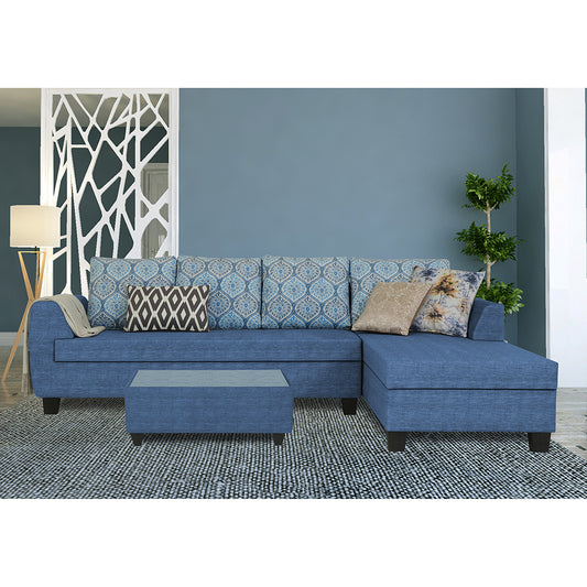 Adorn India Raiden Damask L Shape 6 Seater Sofa Set with Center Table (Right Hand Side) (Blue) (3 Year Warranty)