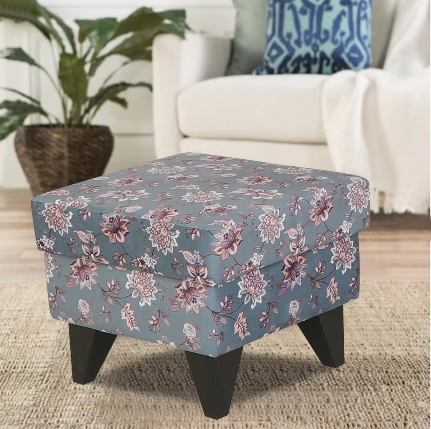 Adorn India Christoper 1 Seater Floral Print Puffy (Grey)