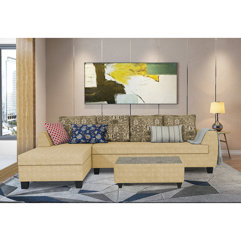 Adorn India Raiden Crafty L Shape 6 Seater Sofa Set with Center Table (Left Hand Side) (Beige) (3 Year Warranty)