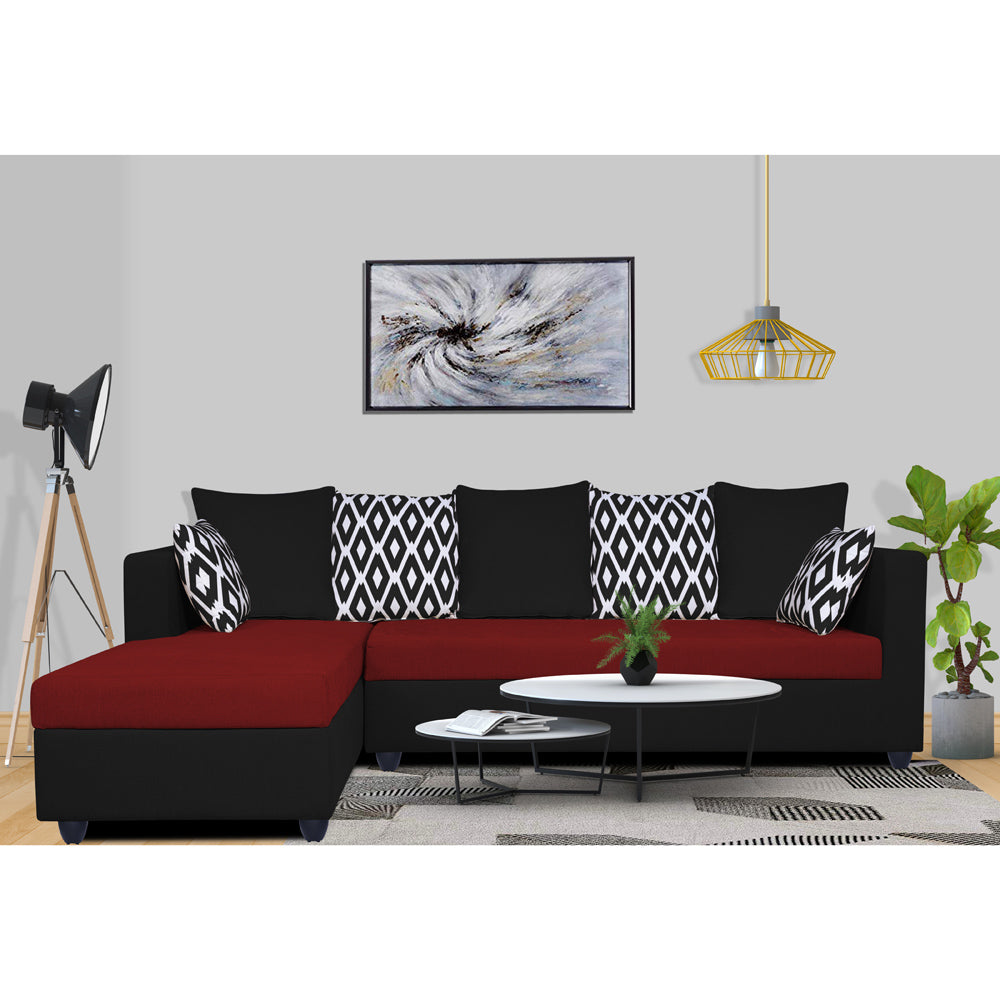 Adorn India Zink Straight line L Shape 5 Seater Sofa Rhombus Cushion (Left Side Handle)(Red & Black)