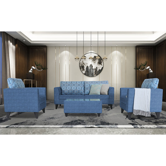 Adorn India Cortina Damask (3 Years Warranty) 3+1+1 5 Seater Sofa Set with Centre Table (Blue) Modern